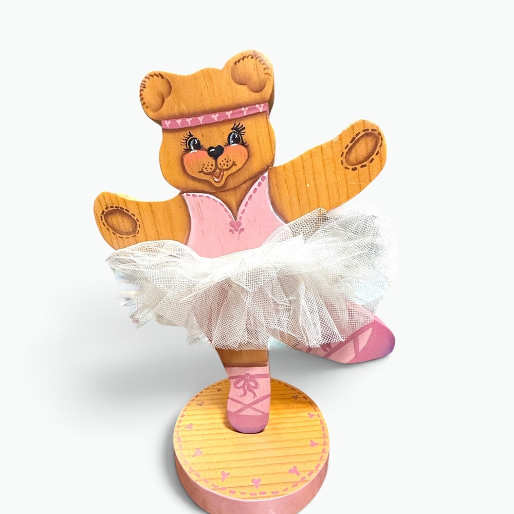 Vintage 1986 Signed Mary Hand Painted Wooden Ballerina Bear Figurine Coquette